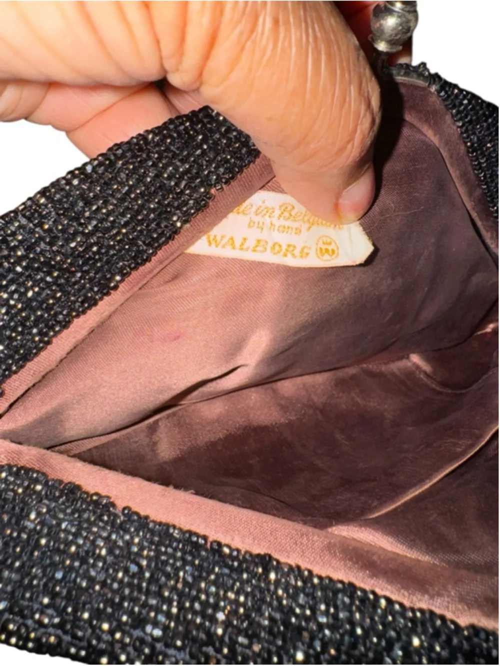 WALBORG small be  Walborg 1950s Black Beaded Scalloped shaped evening Clutch Bag